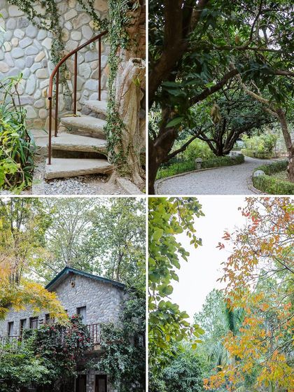 A collage of the rustic stone architecture and lush greenery of the Jim Corbett wedding venue.