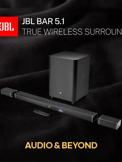 The JBL Bar 5.1 system offers true wireless surround sound with 510W of power. The main soundbar features detachable, battery-powered speakers that you can place anywhere in the room for a truly flexible and immersive audio experience.