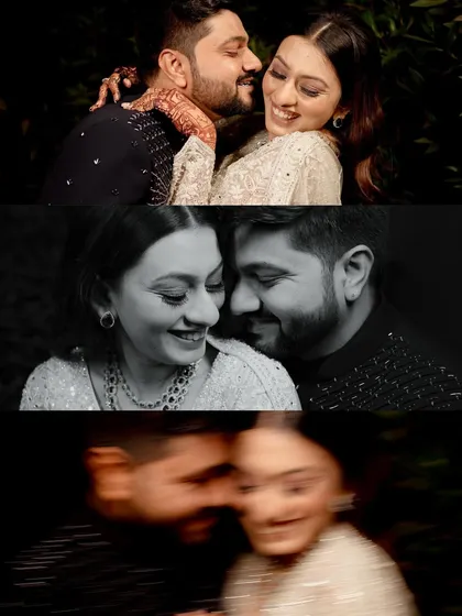 A collage of intimate and joyful moments from Samkit and Paridhi's pre-wedding function. The mix of close-ups, black and white, and motion blur captures the energy and emotion of the celebration.