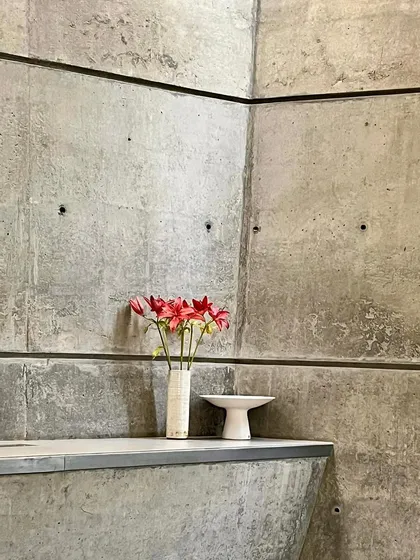 A simple vase of flowers on a concrete ledge in the 'House of Stories'. This image captures the beauty of everyday life within the strong, sculptural spaces we create.