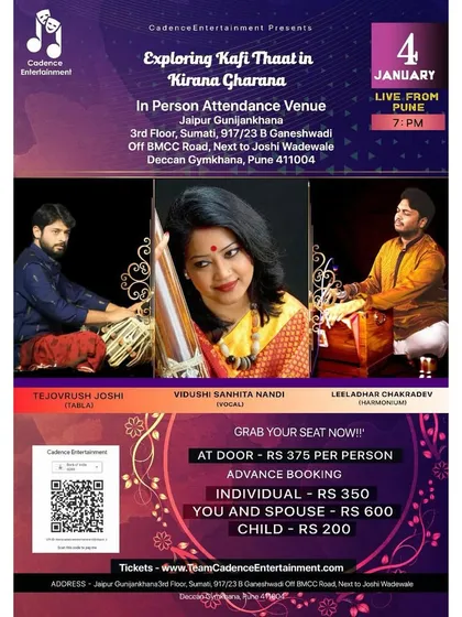 Poster for a concert in Pune with Vidushi Sanhita Nandi, exploring ragas of the Kirana Gharana.