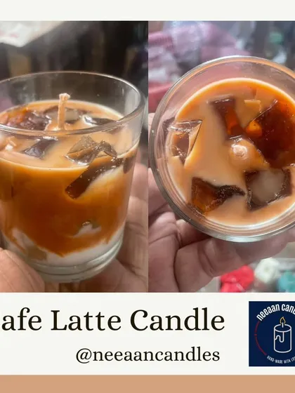 A latte love in every glow. This is a top-down and side view of our popular cafe latte candle, showing the beautiful layers and wax ice cubes.