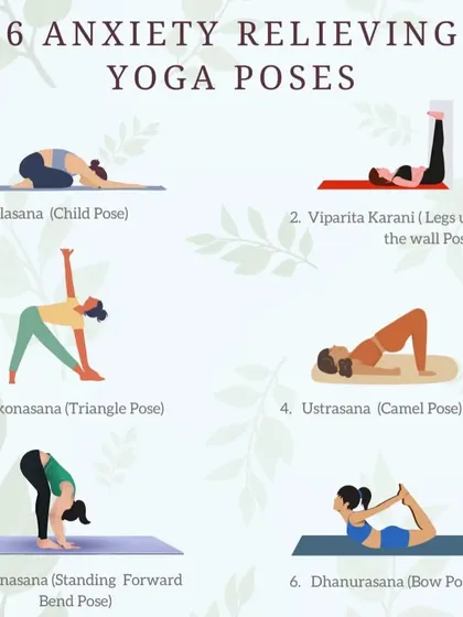This helpful infographic showcases six key yoga poses for relieving anxiety. From the grounding Child's Pose to the heart-opening Camel Pose, these asanas are staples in our therapeutic classes.