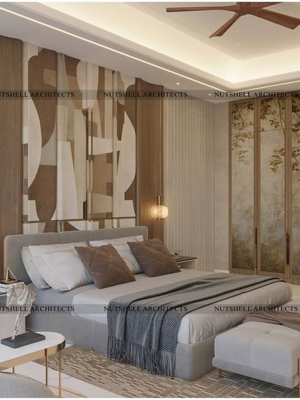 This angle showcases the custom wardrobe with its delicate, nature-inspired embroidery. The design integrates seamlessly with the room's warm, sophisticated, and timeless aesthetic.