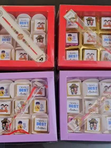 My personalized Rakhi chocolate boxes are a bestseller. These boxes of 9 come in different colors and include a rakhi.