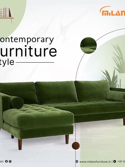 Our L-shaped sectional sofa in a vibrant green velvet finish. This piece is designed for modern living, offering ample seating, tufted detailing on the chaise lounge, and a comfortable, stylish profile.