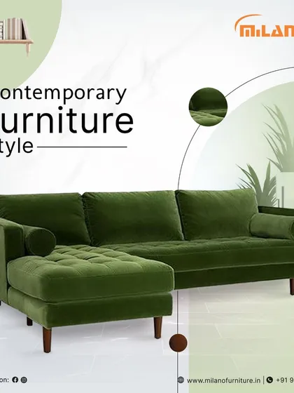 This L-shaped sectional sofa in green velvet is a great example of our contemporary furniture style. It features tufted details and is perfect for larger living spaces.