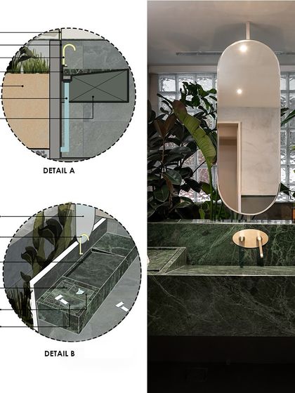 We obsess over the details. This image pairs the final photo of a bathroom with the technical drawings, showing how we designed the integrated planter and storage within the green marble vanity.