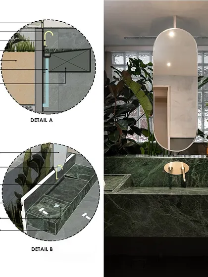 The devil is in the details. These sectional drawings reveal the thoughtful engineering behind our green granite washroom vanity, including integrated storage, a hidden trap for the sink, and a dedicated dry area for belongings.