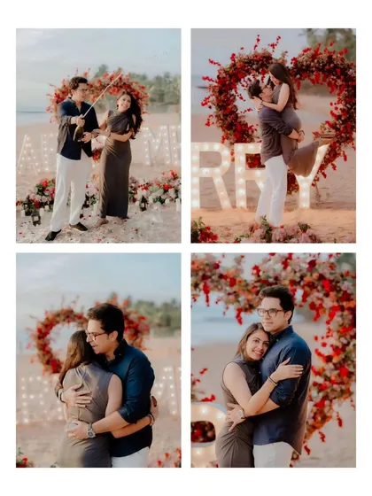 A collage capturing the pure joy after she said yes. From popping champagne to being lifted in a happy embrace, these four images tell the story of a successful beach proposal, filled with laughter, kisses, and unforgettable romance.