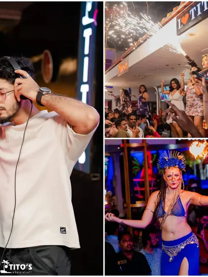 A party with me is a full entertainment package. This collage captures the three core elements: me focused on the music, spectacular fire dancers heating up the stage, and the crowd celebrating with champagne sprays.