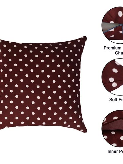 An infographic for a polka-dot cushion highlighting its premium zipper, soft fabric, and inner pocket. These details help justify the product's quality and price.