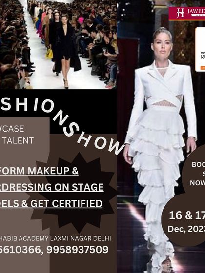 An official poster for a fashion show, offering our students the chance to perform makeup and hairdressing on stage models and get certified.