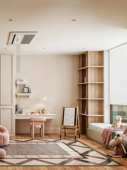 This view shows the integrated study desk and bay window seating, making smart use of the available space.