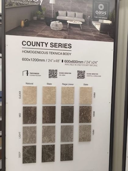 The 'County' series of tiles, offering a range of earthy and slate-like textures. These are ideal for creating a rustic, natural look in both indoor and outdoor areas.
