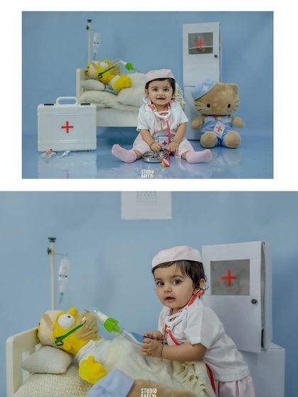 A collage from the "Dr. Happy" shoot, showing our little doctor tending to her patients, Homer Simpson and Hello Kitty.