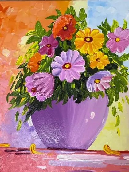 This vibrant floral painting was completed by Nusrat Khan, an online student from Qatar. It's a perfect example of what beginners can achieve in my virtual classes.