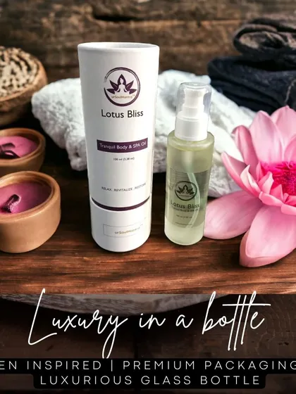 This is luxury in a bottle. My Lotus Bliss Tranquil Body & SPA Oil comes in a premium glass bottle, reflecting the natural, high-quality ingredients inside. It's designed to be a beautiful addition to your self-care sanctuary.