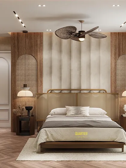 This master bedroom render showcases a Wabi Sabi theme with a beautiful rattan headboard and symmetrical arches on the wall. The rustic texture and warm lighting create a cozy and inviting sanctuary.