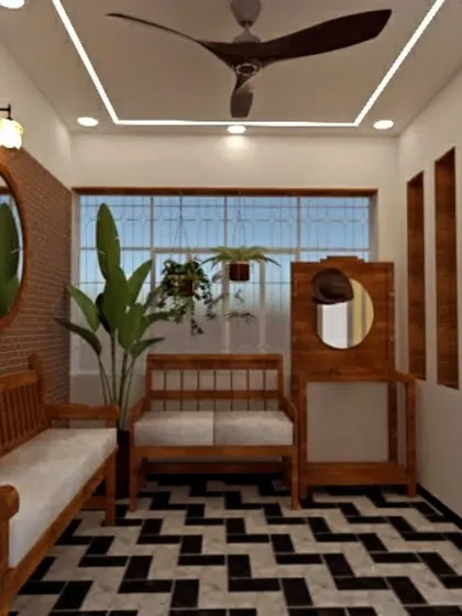 A concept for a waiting area or foyer with traditional wooden benches and a bold black-and-white patterned floor.