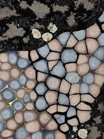 The final result of a pebble resin art piece from my workshop. The combination of different coloured pebbles and textures creates a stunning, natural effect.
