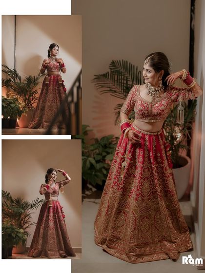 A collage of the bride in her red lehenga, showcasing her playful and happy poses. The different angles highlight the beauty of her outfit and her joyful mood.