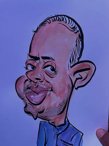 A colorful caricature with bold lines and playful exaggeration. The blue and orange tones create a dynamic and eye-catching portrait.