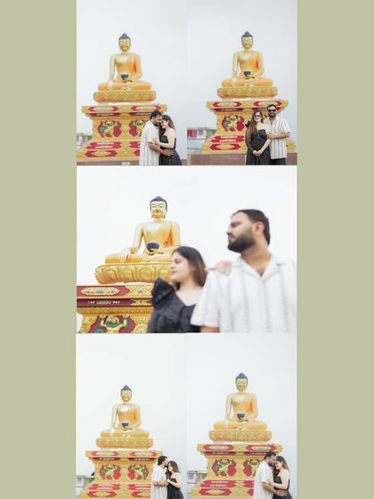 A collage showing the couple in a romantic embrace in front of a large Buddha statue, a serene and spiritual location for a pre-wedding shoot in the mountains.