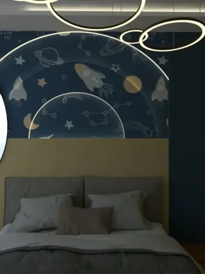 A whimsical, space-themed bedroom concept with custom lighting and a galaxy-inspired feature wall.
