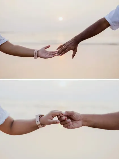 A two-photo story of connection, showing the couple's hands reaching for each other and then gently holding on. Detail shots like this add depth to your pre-wedding gallery.