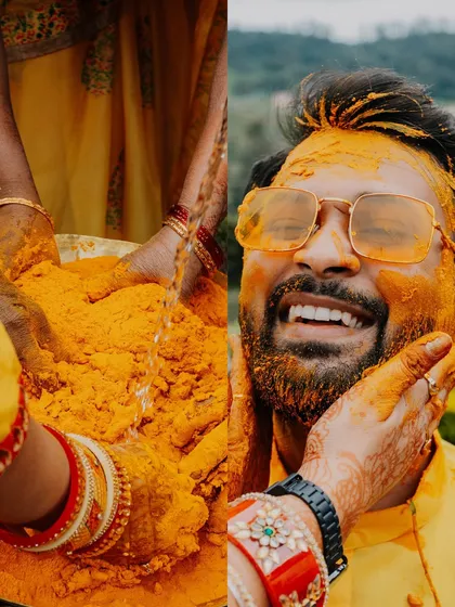 The ritual and the reaction. This diptych captures both the traditional application of turmeric and the groom's joyful expression. It’s a story in two frames.