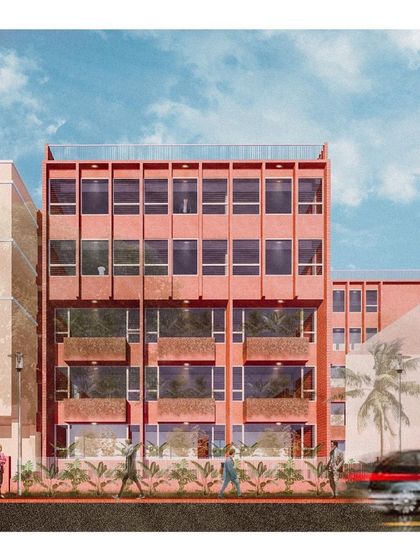 This elevation rendering presents a concept for a modern office building with a striking pink facade. The design incorporates recessed balconies filled with plants, exploring how office architecture can be both bold and biophilic.