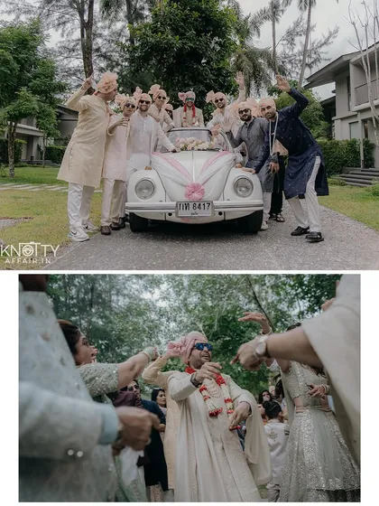 Fun and festive moments from the baraat. The groom and his groomsmen pose with a vintage car, and the celebration continues with energetic dancing, all captured in a candid, documentary style.