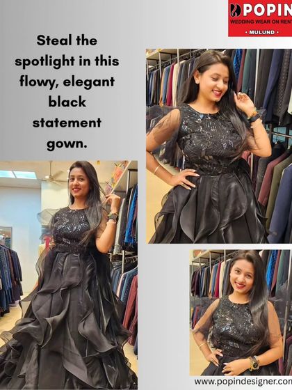 This collage showcases the stunning black ruffled gown from multiple angles. See the sequined bodice, the sheer sleeves, and the dramatic tiered skirt that makes it a true statement piece.