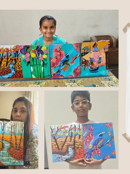 A collage of students of all ages with their finished paintings from my online course. Art truly has no age limit, and it's wonderful to see families learning together.