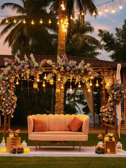 We love crafting those perfect golden hour moments. This romantic and rustic seating for an anniversary celebration combines soft florals, warm bulb lighting, and a cozy setup, making it the perfect spot for dreamy photographs.