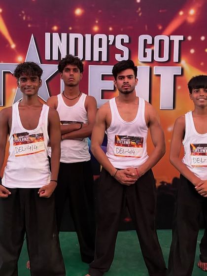 Our crew posing in front of the India's Got Talent backdrop. We train students from Delhi and Haryana to compete at a national level.