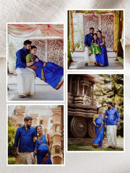 A collage of a family maternity shoot in traditional attire, celebrating the upcoming arrival.