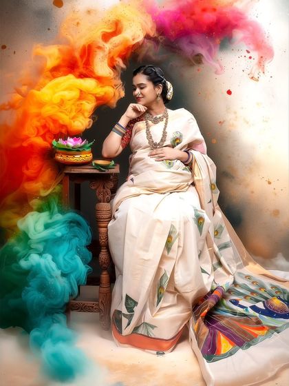 Wrapped in tradition, painted in colors of joy. Every fold of the saree tells a story, and every hue whispers celebration in this Holi-themed portrait.