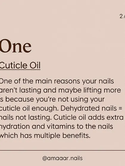 One of the most important tips for long-lasting nails: use cuticle oil. Dehydrated nails are prone to lifting, and oil provides essential hydration and vitamins.
