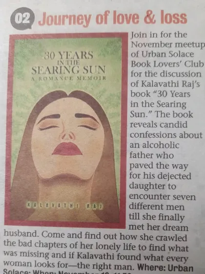 The Bangalore Mirror covering our November Book Lovers' Club discussion on Kalavathi Raj's memoir, "30 Years in the Searing Sun."