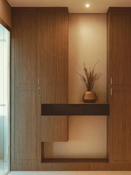 A well-designed entryway sets the tone for your entire home. This custom foyer unit combines minimalist design with maximum functionality, featuring tall concealed storage and a sleek floating shelf for a warm and organized welcome.