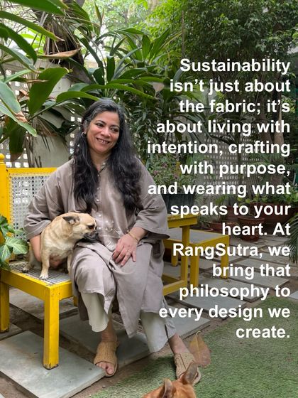 Our head designer, Ritu, wearing a piece from our Bagh collection. Her philosophy is that sustainability is about living with intention and wearing what speaks to your heart, a belief we bring to every design.