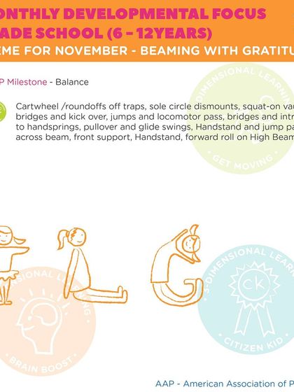 Here's a look at our monthly developmental focus for Grade School students. In November, our 'Beaming with Gratitude' theme centers on balance, with skills like cartwheels, roundoffs, and high beam work.