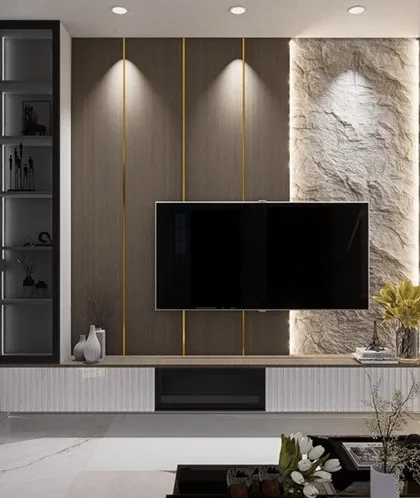 This custom media wall combines a variety of textures, including wood paneling, a raw stone accent, and sleek laminates, to create a sophisticated entertainment center. The strategic use of spotlights and pendant lights highlights the different materials and adds depth to this modern living room.