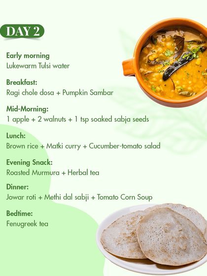 On Day 2 of the diabetes plan, we focus on nourishing meals like ragi dosa and brown rice with matki curry. A bedtime fenugreek tea further helps in managing blood sugar levels while you sleep.