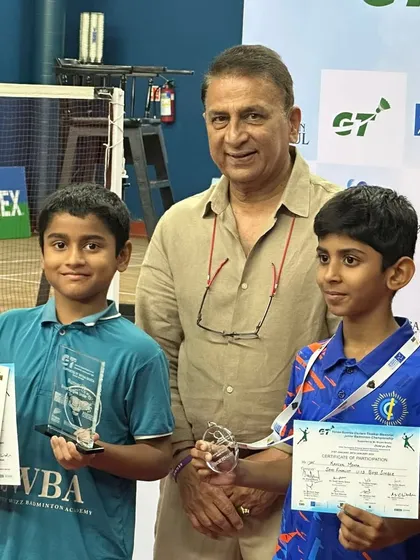 Our young champion Ajinkya Desai with cricket legend Sunil Gavaskar after securing a silver medal in the Under 13 Boys Singles event.