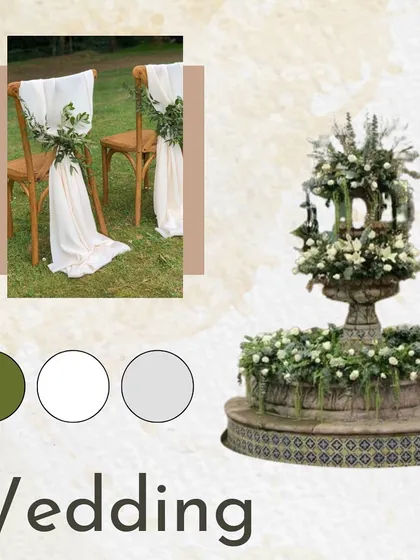 The vision for 'The Luxe Garden' wedding. This mood board combines the timeless elegance of a garden wedding with sophisticated details, using a clean palette of green, white, and grey.