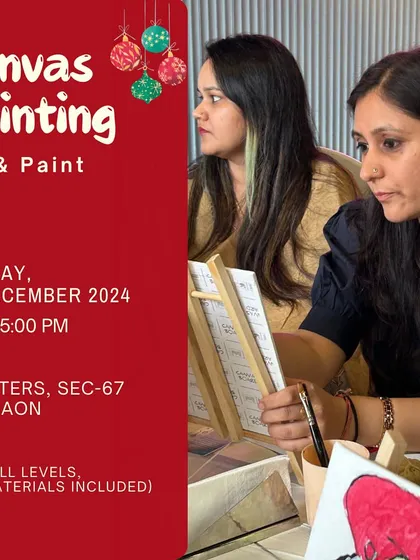A promotional image for our festive December canvas painting workshop in Gurgaon, showing participants deeply engaged in their artwork.