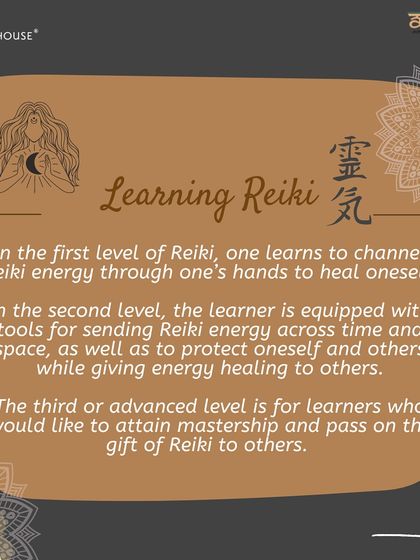This graphic explains the different levels of learning Reiki. Level 1 focuses on self healing, while advanced levels equip you to heal others and eventually teach the practice yourself.